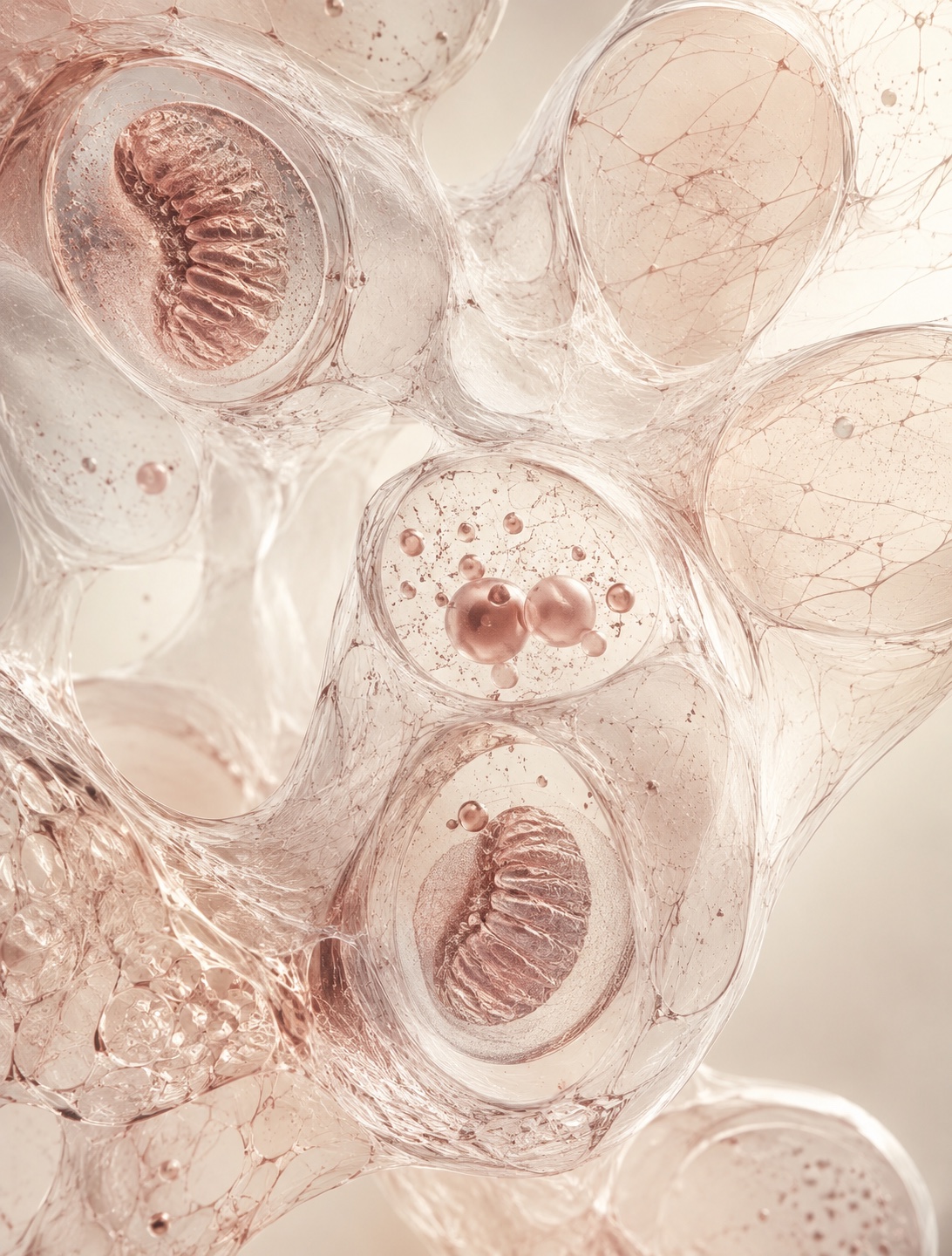 Macro cellular biology composition in champagne and rose-gold tones showing translucent cells with visible mitochondria