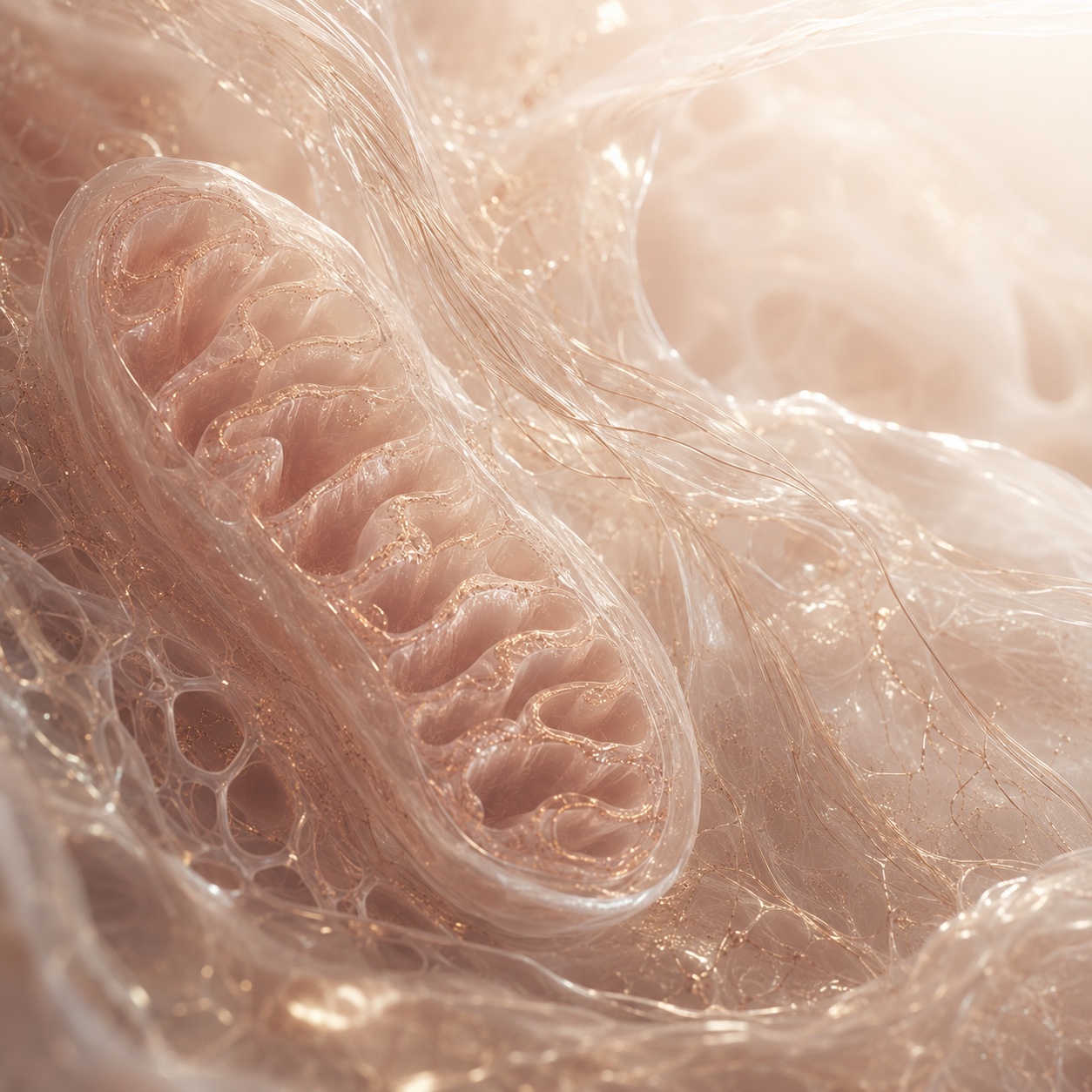 Macro cellular biology image of a translucent mitochondrion within soft champagne and rose-gold tissue